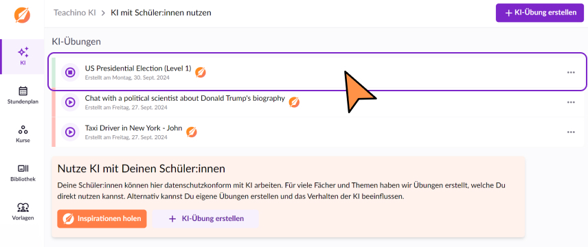 KI im Unterricht mit den Schülerinnen und Schülern teilen. Schritt eins: auf Übung klicken