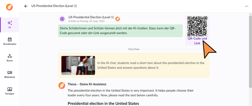 KI im Unterricht mit den Schülerinnen und Schülern teilen. Schritt zwei: Per QR Code oder Link mit den Schülerinnen und Schülern teilen.